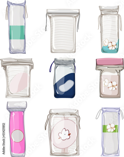 cotton pad set cartoon. cosmetic skin, round facial, clean beauty, soft face, care cotton pad vector illustration