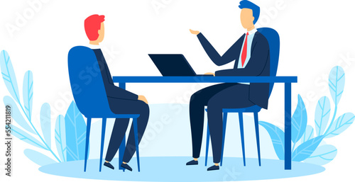 Interview concept, professional job interview, business people work, man businessman, design, flat style vector illustration.