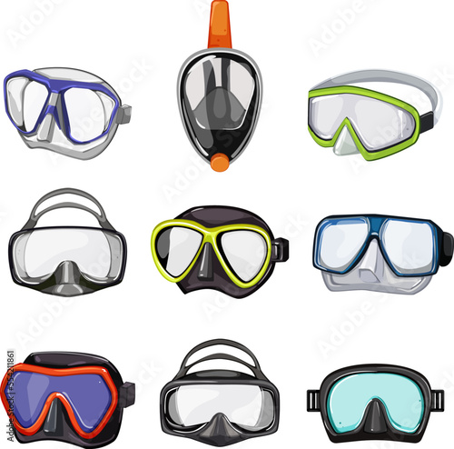diving mask set cartoon. scuba snorkel, equipment water, dive underwater, sea swim, summer diving mask vector illustration