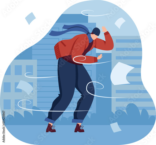 Wind man concept, weather strong fight, man strong suit businessman, windy brave, design, in cartoon style vector illustration.
