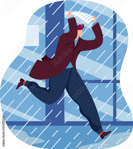 Concept man, jogging rain day, rainy weather, wet autumn character, adult person, design, in cartoon style vector illustration.