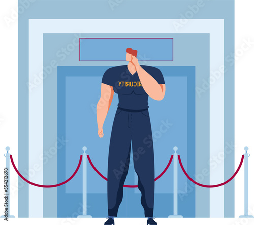 Nightclub security, party entrance control, night club nightlife, security person, design, cartoon style vector illustration.