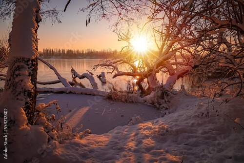 Zimowy zachód słońca Warmia Mazury photo