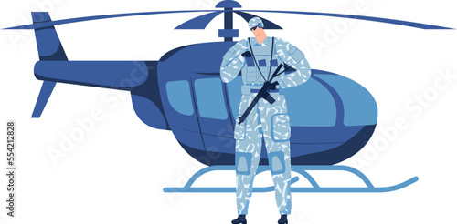 Helicopter man military, fly air, isolated on white, flight conveyance pilot, design, cartoon style vector illustration.