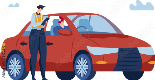 Police check document, vehicle control, police officer man, isolated on white, design, in cartoon style vector illustration.