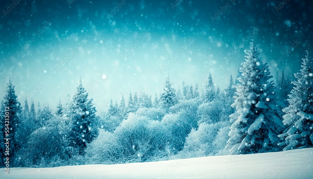 Natural winter background with snow drifts and falling snow . Beautiful winter background of snow and blurred forest in background