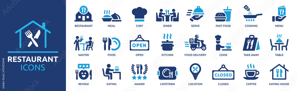 Restaurant icon set. Restaurant business and food delivery icon concept, containing server, meal, cooking, menu, restaurant, food delivery, fast food and dinner icons. Solid icon collection. - obrazy, fototapety, plakaty 