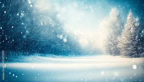 Natural winter background with snow drifts and falling snow . Beautiful winter background of snow and blurred forest in background © Лилия Захарчук