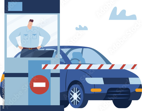 Stop control parking, gate transport security, road city, isolated on white, access entrance, cartoon style vector illustration.