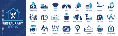 Obraz Restaurant icon set. Restaurant business and food delivery icon concept, containing server, meal, cooking, menu, restaurant, food delivery, fast food and dinner icons. Solid icon collection.
