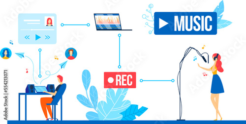 Music recording, studio sound, modern woman voice, professional man, isolated on white, design, cartoon style vector illustration.