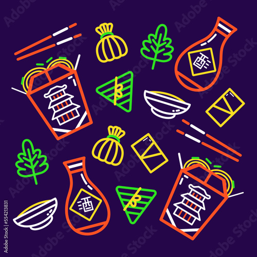 Chinese food, boxed noodles and dumplings outline pattern