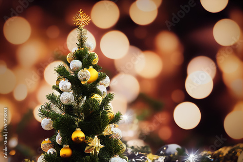 Beautiful fir tree Christmas tree with glass balls, baubles, and light decorations in front of bokeh background in a warm room. Can be used for festive banners, wallpapers, cards, and invitations.