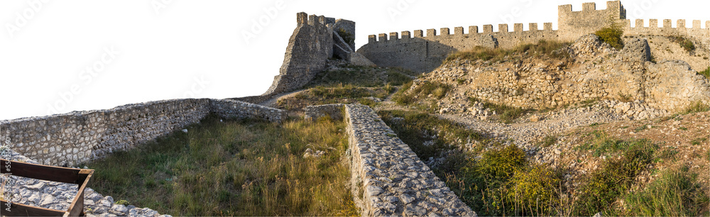 Isolated PNG cutout of a ruined castle on a transparent background, ideal for photobashing, matte-painting, concept art