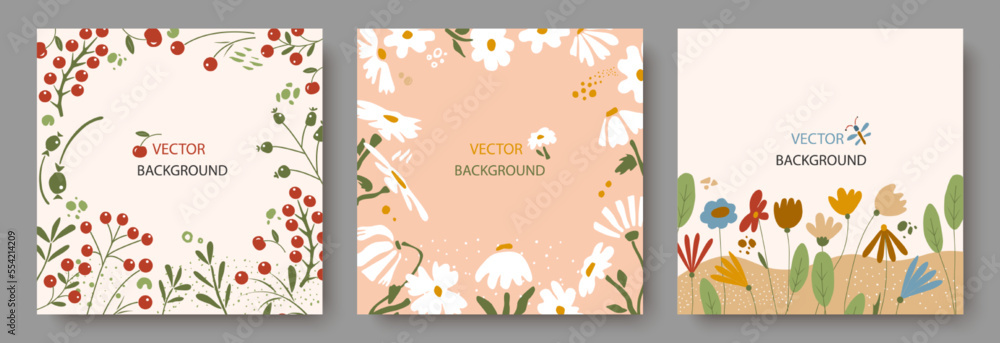 Fashionable abstract square patterns with floral and geometric elements. It is suitable for publications on social networks, mobile applications, banner design and advertising on the Internet. Vector