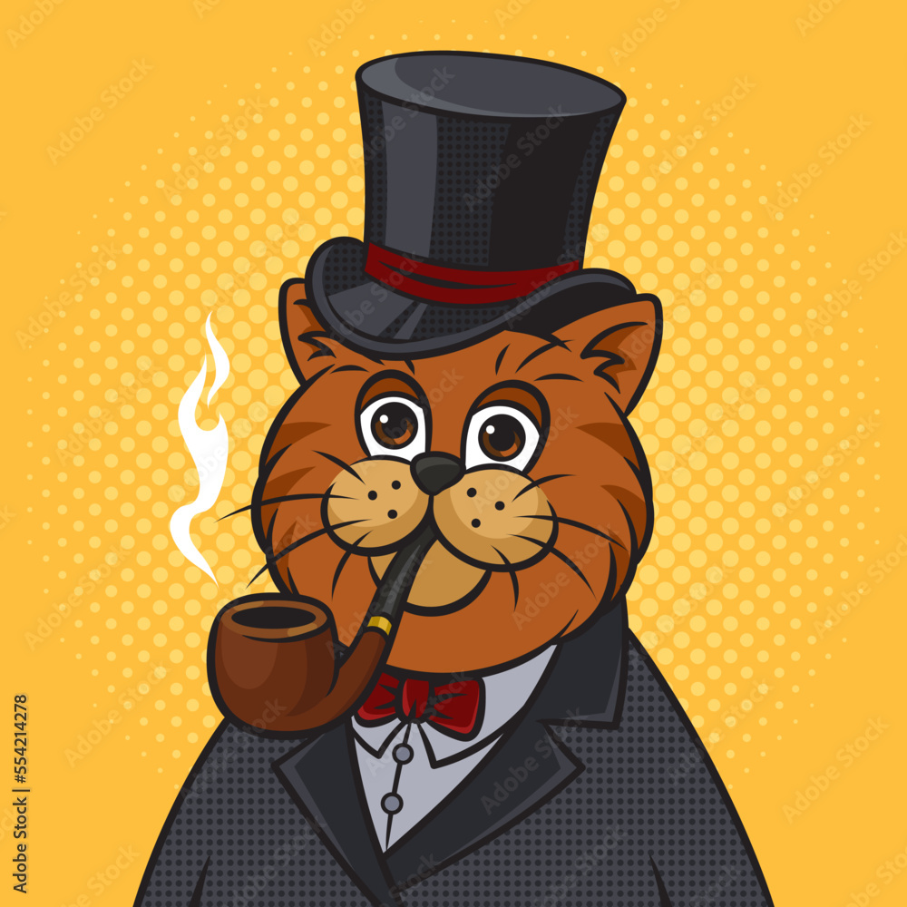 Cartoon cat in top hat and smoking pipe pinup pop art retro vector illustration. Comic book style imitation.