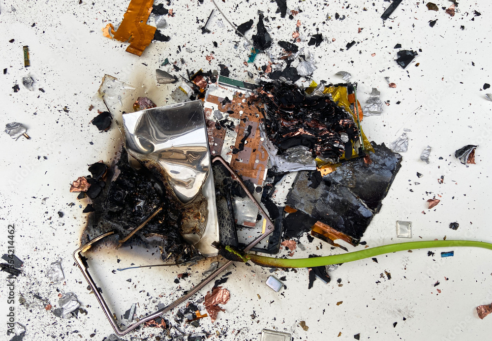 Mobile phone after battery explosion. Smartphone burn. Mobile phone caught fire. Mobile
