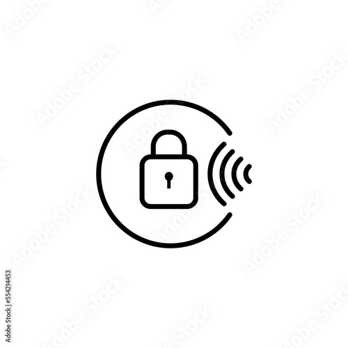 Security line icon. Lock, password, energy, signal, communication, waves, impulse, notification, sign, logo,. Technology concept. Vector black line icon on white background