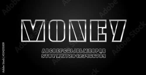 Stencil ultra silver font, metallic technology alphabet, chrome letters and numbers