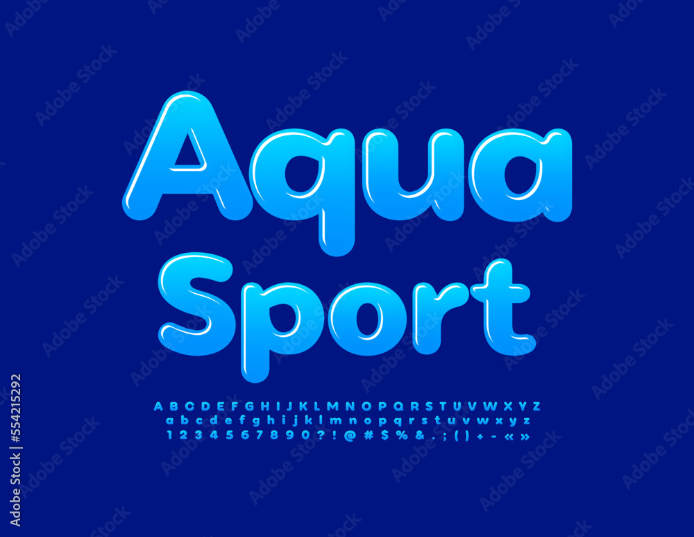Vector modern emblem Aqua Sport. Blue Glossy Font. Creative Alphabet Letters and Numbers.