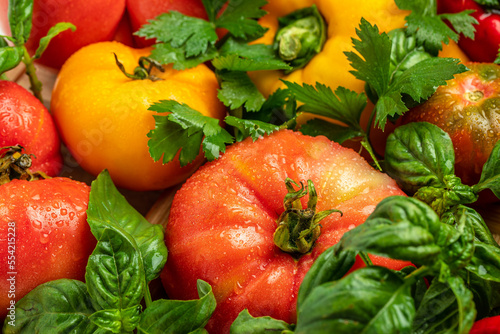 fresh tomatoes  pepper and basil. Healthy food. Gardening. top view