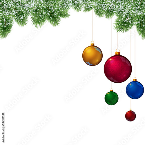 Fir tree branch with colorful balls isolated on white . Christmas background .