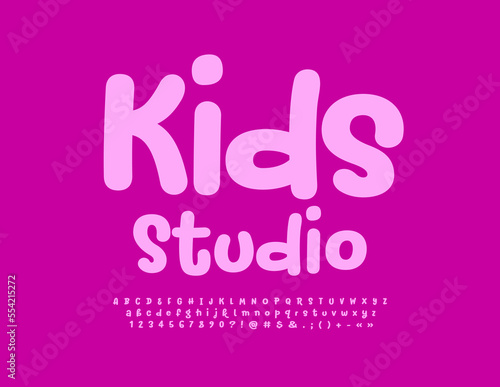 Vector bright emblem Kids Studio. Artistic pink Font. Handwritten Alphabet Letters, Numbers and Symbols set