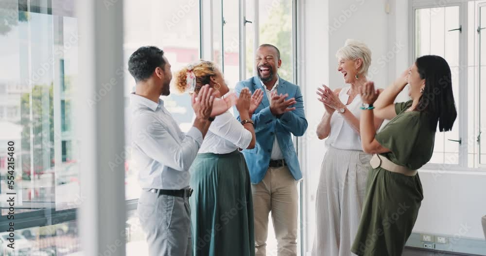 High five, applause and teamwork of business people in office for team building. Celebration, collaboration and group of happy staff clapping for support, motivation and success in workplace meeting.