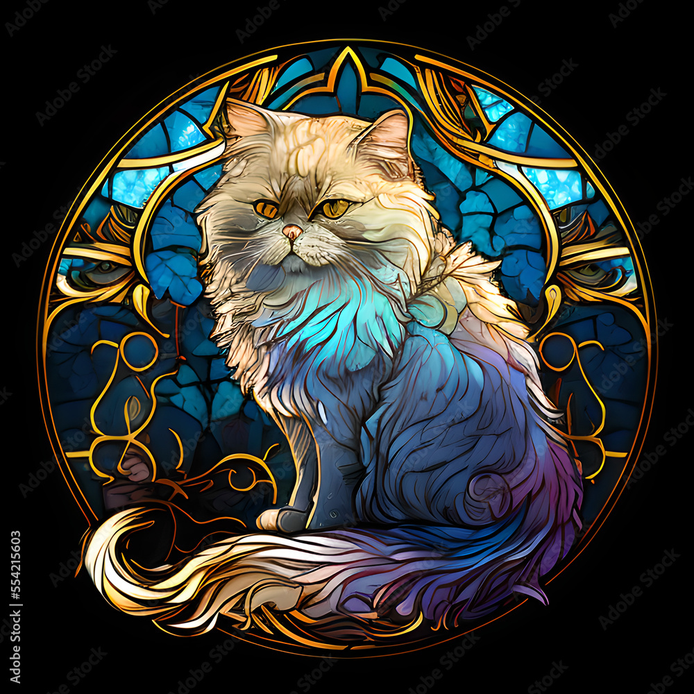 AI-generated illustration of a Persian cat in a stained glass/mosaic ...