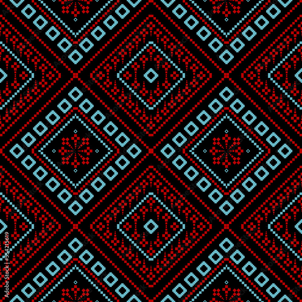 Red blue geometric traditional ethnic pattern Ikat seamless pattern abstract design for fabric print cloth dress carpet curtains and sarong Aztec African Indian Indonesian 