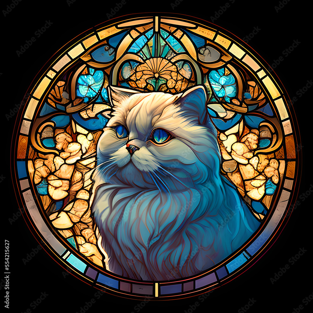 AI-generated illustration of a Persian cat in a stained glass/mosaic ...