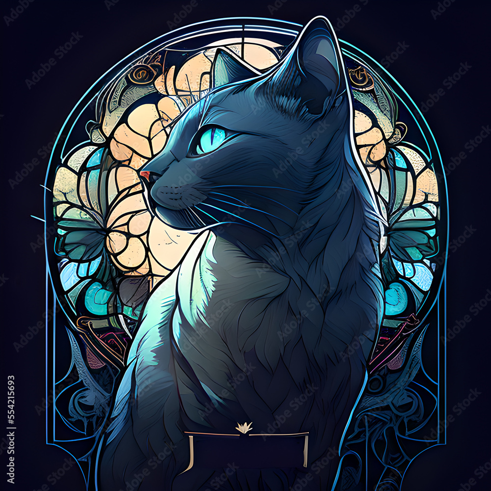 AI-generated illustration of a Russian Blue cat in a stained glass ...