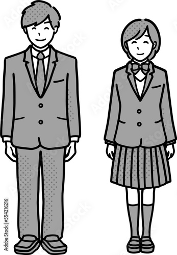 制服を着た学生男女の全身イラスト 前向き モノクロ