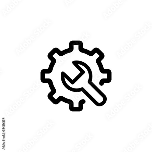 Settings line icon. Wrench, gear, settings, options, search, research, fix, tweak, sort. The concept of parameters. Vector black line icon on white background.