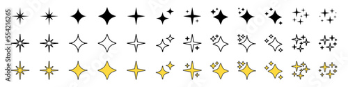 Fototapeta キラキラ光る夜空の星セット、イエロー、ゴールドの輝きベクターアイコンイラスト素材