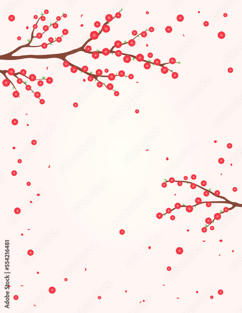 Obraz premium Peach blossoms, flowers, tree branches in bloom background. Traditional Asian, eastern style vector illustration. Design concept spring, Vietnamese Lunar New Year Tet promotion, sale, advertising