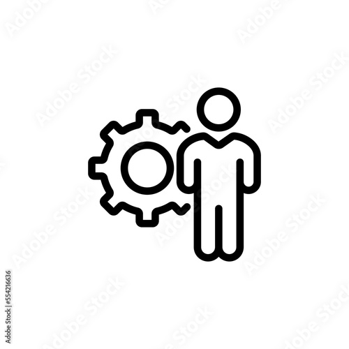 Settings line icon. Man, mechanism, settings, parameters, search, research, correction, setting, sorting. The concept of parameters. Vector black line icon on white background.