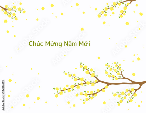 Yellow apricot blossoms, flowers, tree branches in bloom, Vietnamese text Happy New Year. Traditional Asian style background. Vector illustration. Design concept for spring, Lunar New Year Tet sale