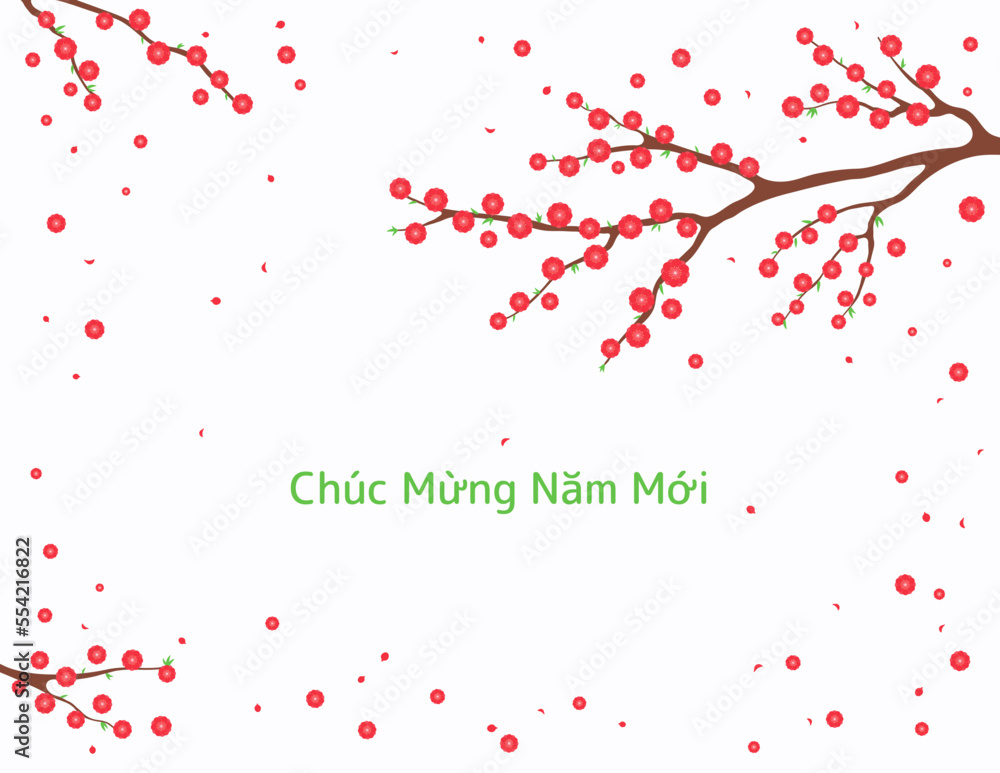 Peach blossoms, flowers, tree branches in bloom, Vietnamese text Happy New Year. Traditional Asian style background. Vector illustration. Design concept for spring, Lunar New Year Tet sale, promotion