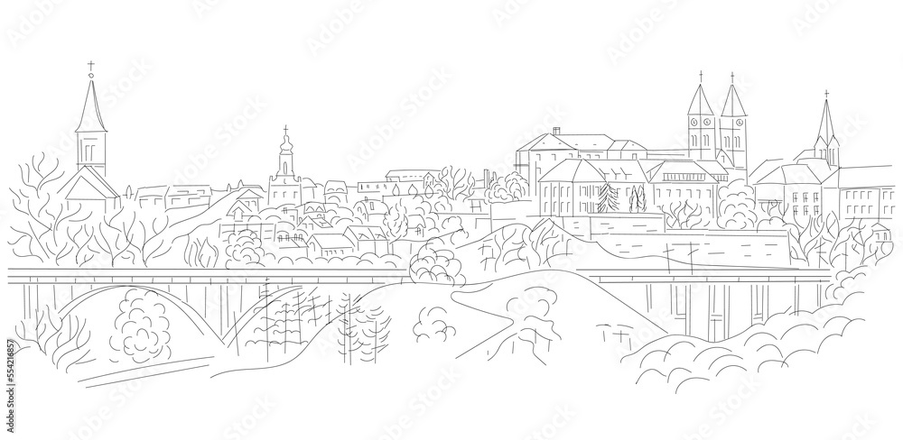 Veszprém, Veszprem Hungarian city landscape with the castle, university, basilica and church.
Vector illustration background in hand drawn design with black line art on white.