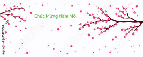 Peach blossoms, flowers, tree branches in bloom, Vietnamese text Happy New Year. Traditional Asian style background. Vector illustration. Design concept for spring, Lunar New Year Tet sale, promotion