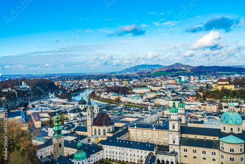 Aerial view of Salzburg old town from Hohensalzburg Fortress walls, Austria © beataaldridge