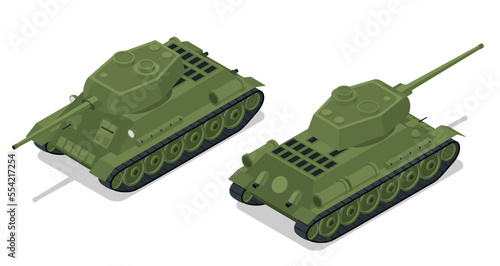 Military armored tank. The T-34 is an armored fighting vehicle designed for frontline combat operations. Can be used for infographics, game, icon.