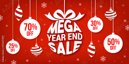 Mega Year End Sale on red banner background vector illustration. Holidays sale. Christmas ornaments