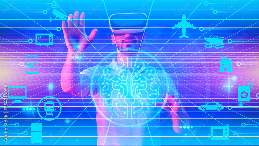 Fototapeta premium Internet of things or IOT concept of man with AI brain and connectivity of home appliance communication and transportation system in same network