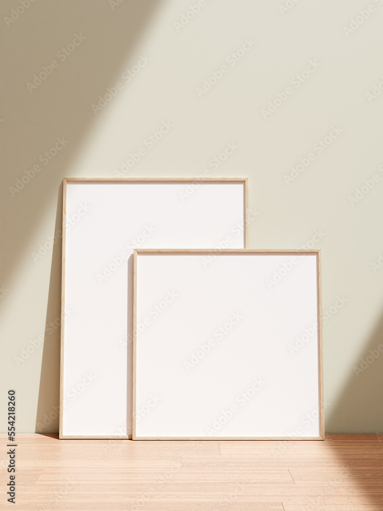 Poster frame mockup standing on wooden floor in living room with shadow. Poster frame mockup standing on wooden floor in living room with shadow.