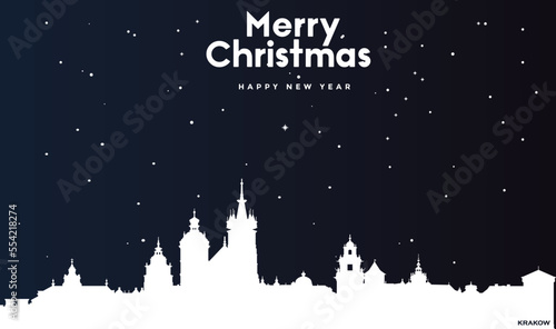 Christmas and New year dark blue greeting card with white panorama of Krakow