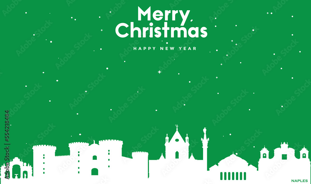 Fototapeta premium Christmas and New year green greeting card with white panorama of Naples
