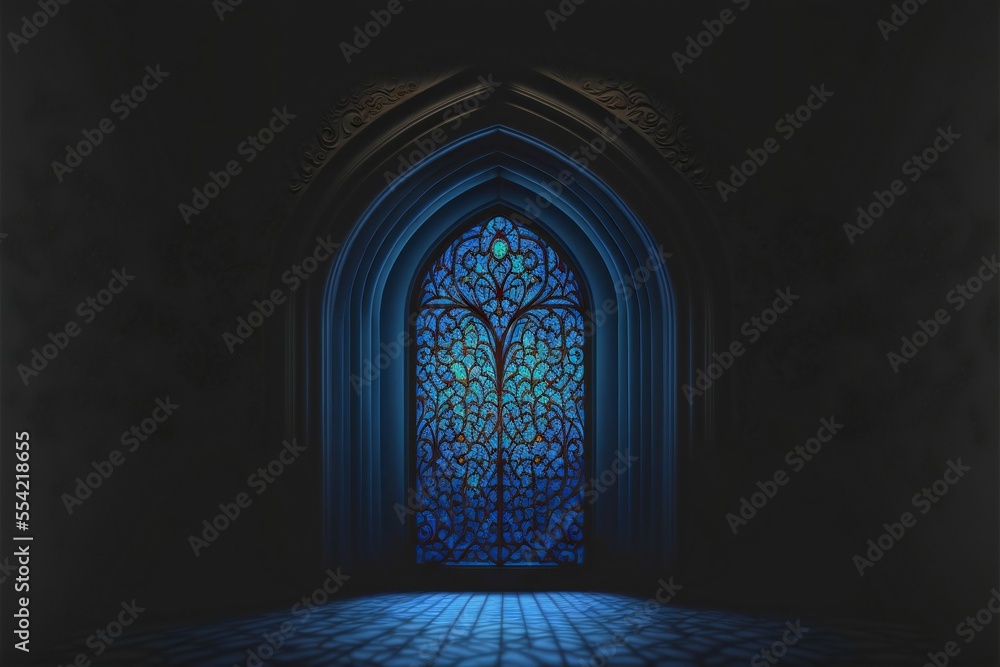 blue light shines through a window in a dark room