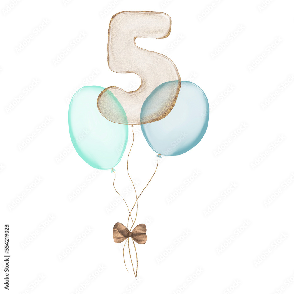 Fototapeta premium 5 gold Birthday ballon with blue baloons. Number five glitter gold metallic balloon number with two blue balloons on transparent background. Design for sublimation designs, cards, invitations.